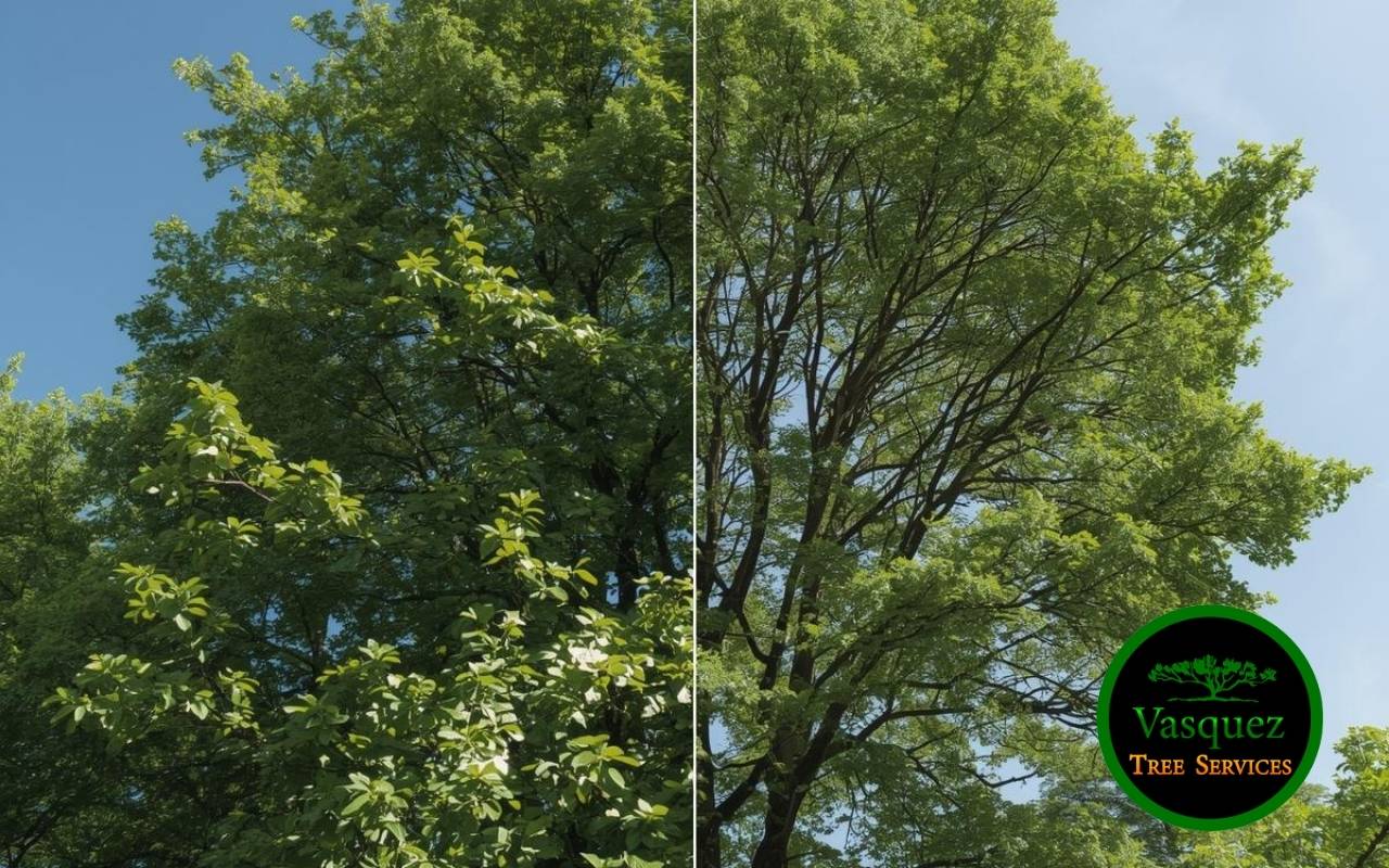 Before and after yard showing curb appeal gains from tree trimming benefits.
