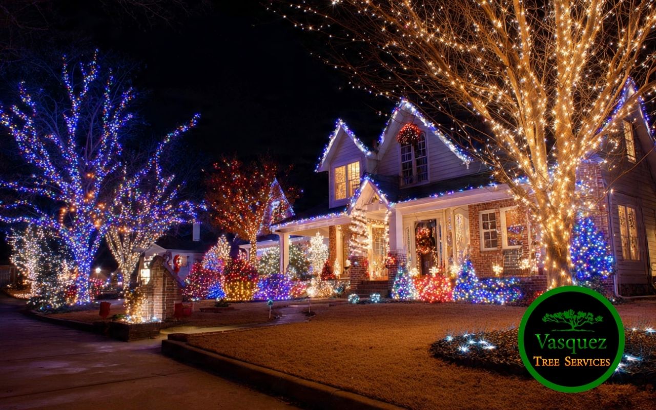 Front yard display showing Holiday Lights Tree Safety in Little Rock with well spaced lights on healthy trees at night.
