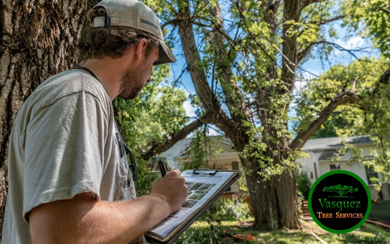 Homeowner reviewing a Tree removal permit in Little Rock AR application with tree photos and site notes