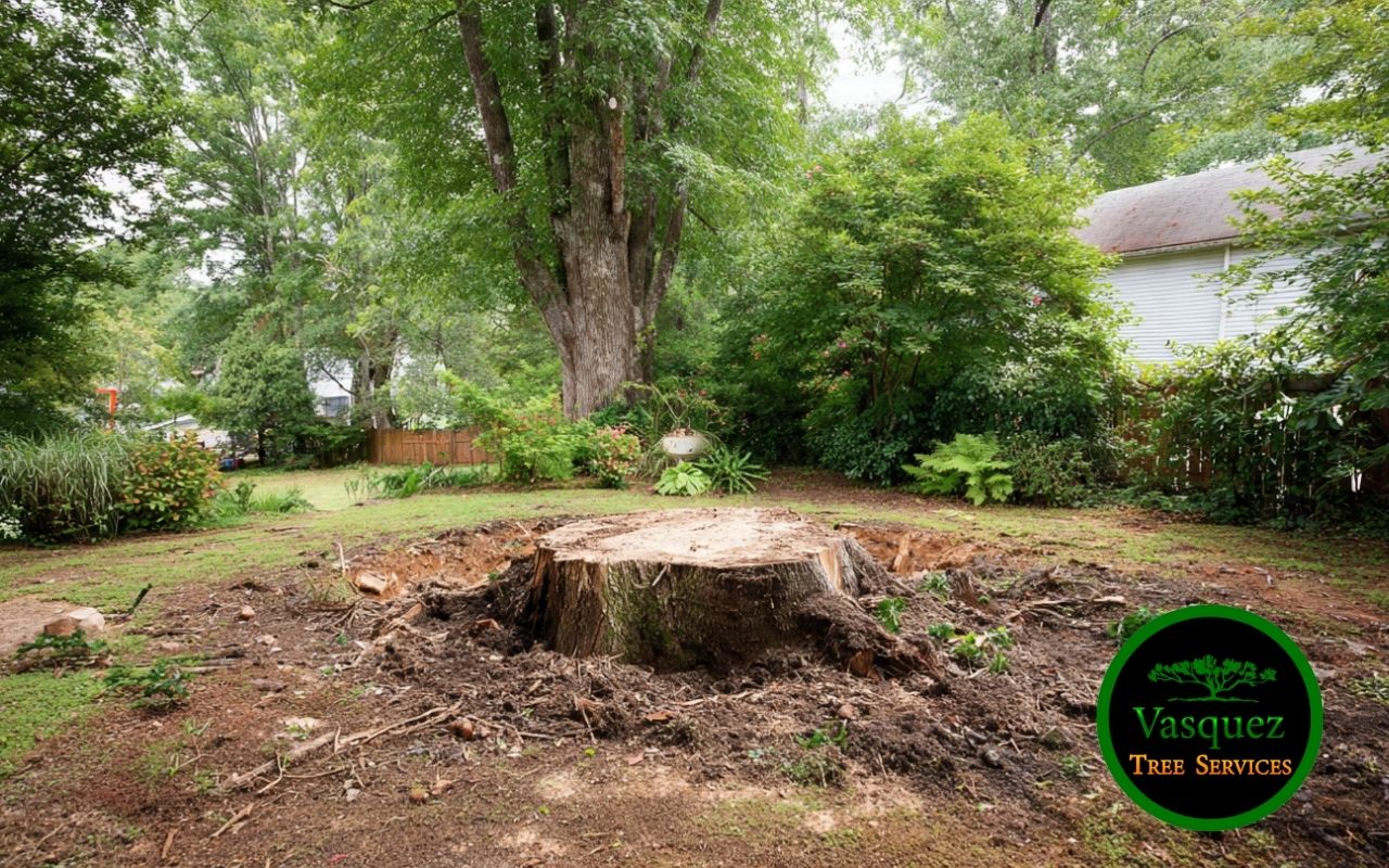 Stump grinding Little Rock services clearing a backyard stump and leaving a level surface