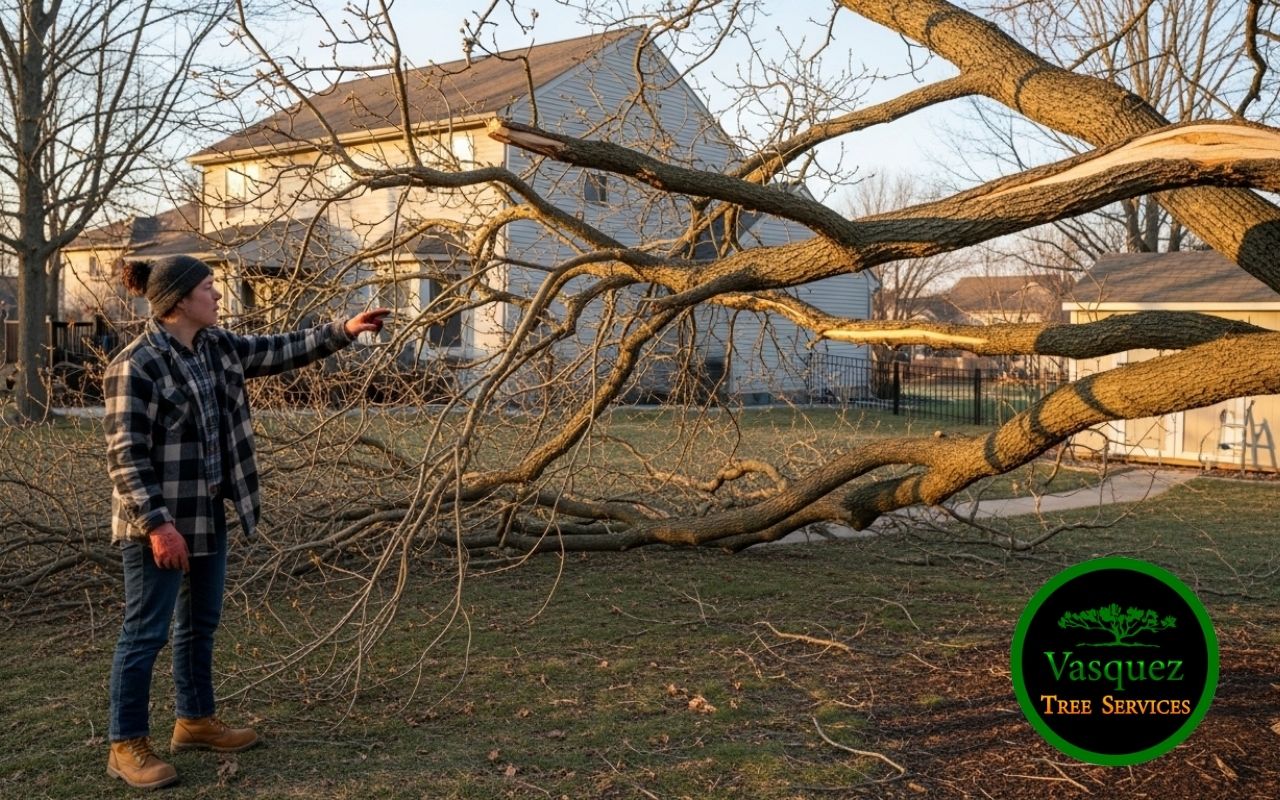 Homeowner checking signs a tree needs trimming after winter in the yard