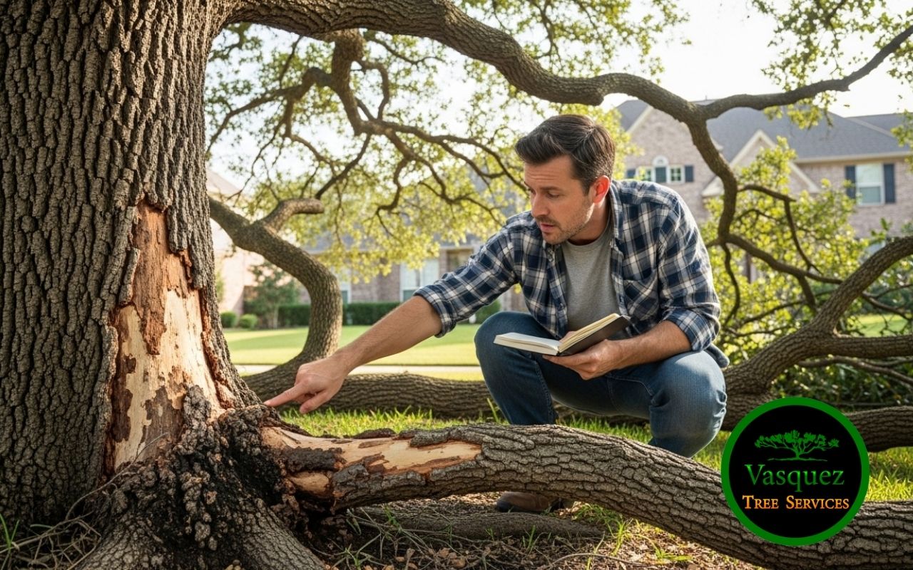 Homeowner checking tree fall risk signs in the yard