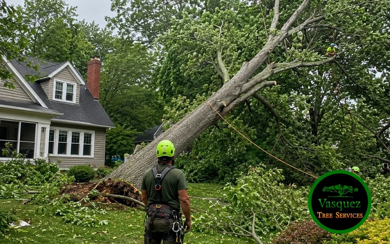Leaning tree removal after storm damage in a residential yard
