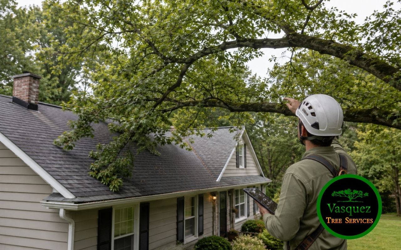 Tree over roof safety check near a home
