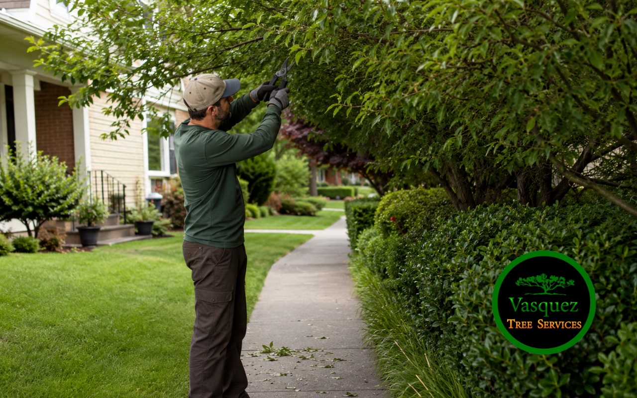 Low branch trimming to clear a residential walkway safely