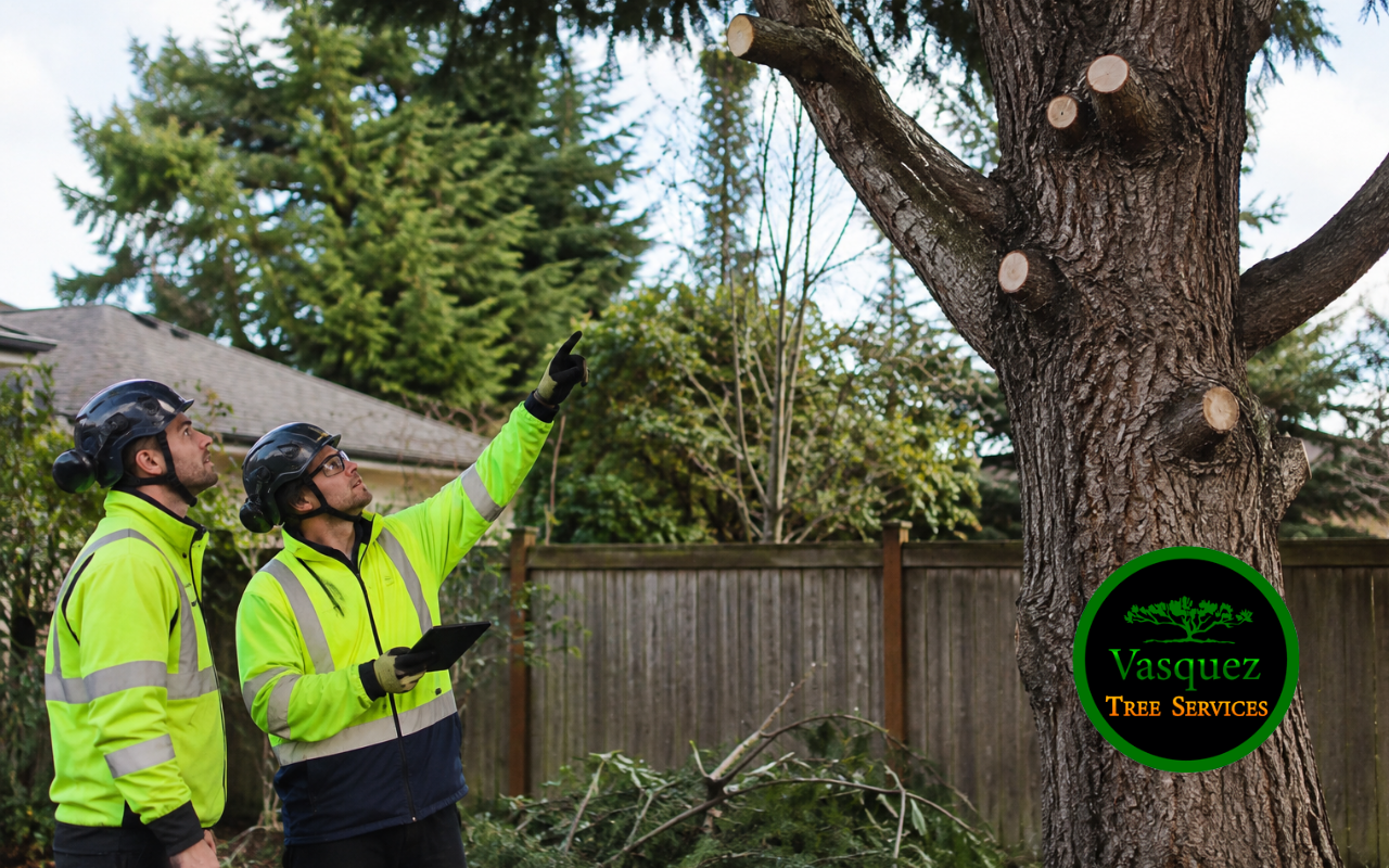 Tree removal contractor crew inspecting a tree before removal